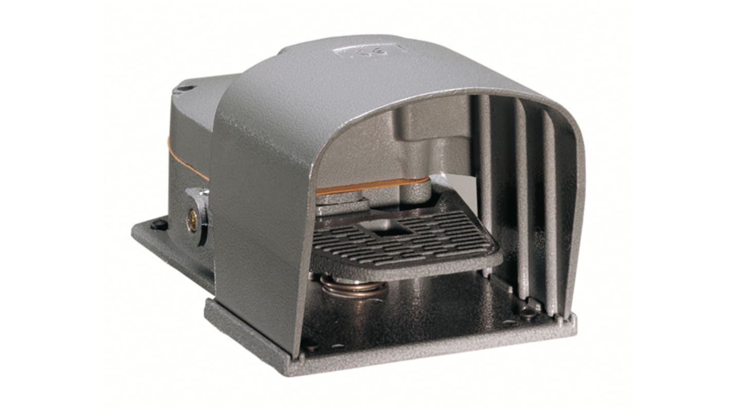 Interruttore a pedale Lovato KR200S11, configurazione 1 NA + 1 NC, corpo in lega di alluminio-zinco, grado di protezione IP54.