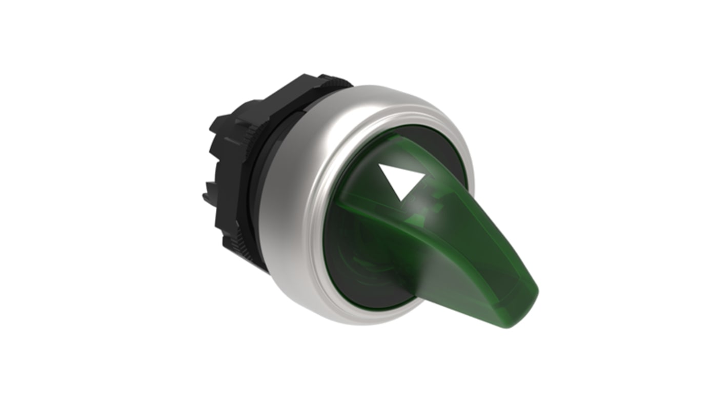 Selettore Lovato LPCSL1203 a 2 posizioni, diametro foro 29.5mm, plastica cromata verde, illuminato, grado di protezione IP66/IP67/IP69K.
