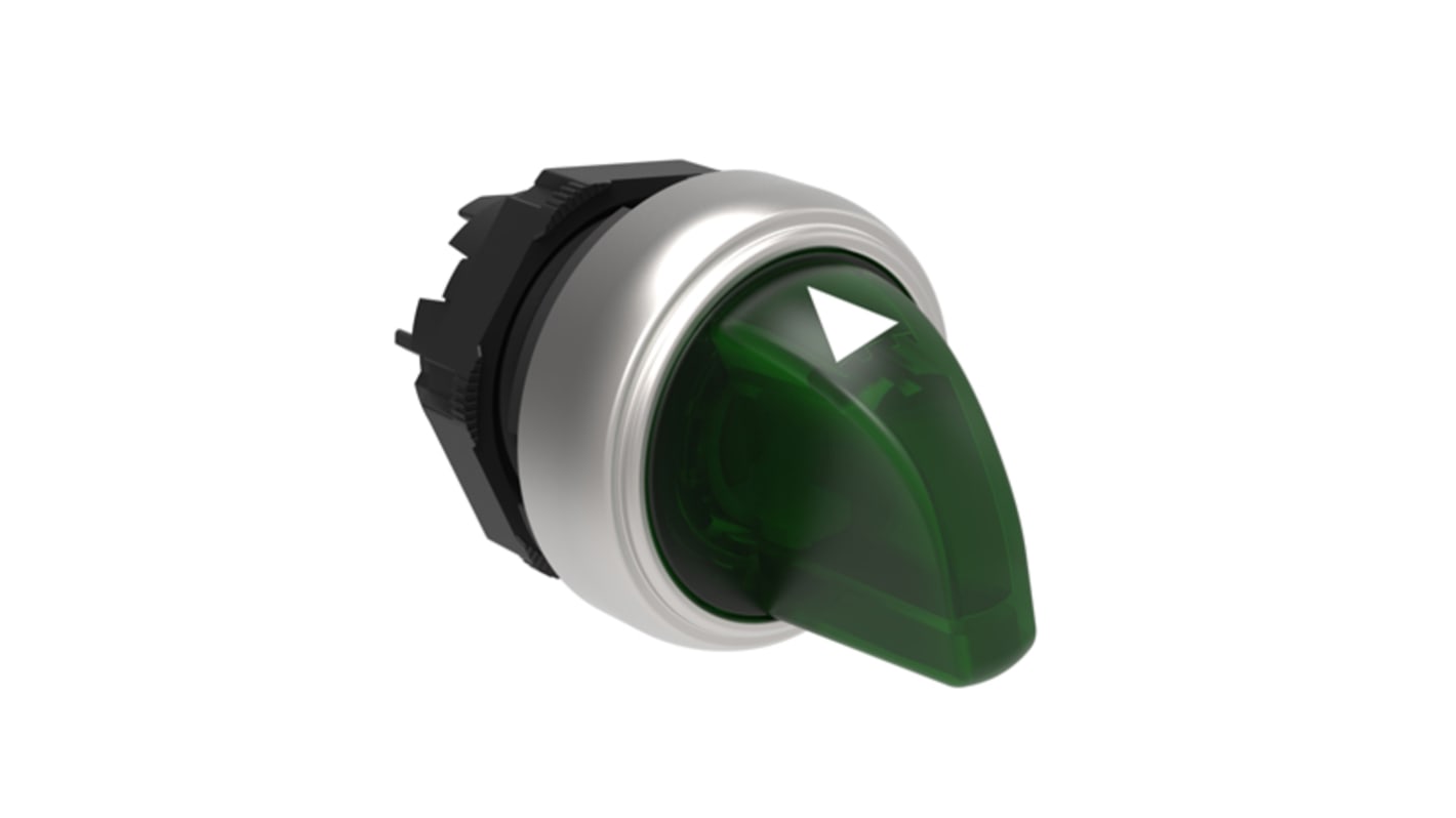 Selettore Lovato LPCSL1303 a 3 posizioni, diametro foro 22mm, plastica cromata verde, illuminato, grado di protezione IP66/IP67/IP69K.