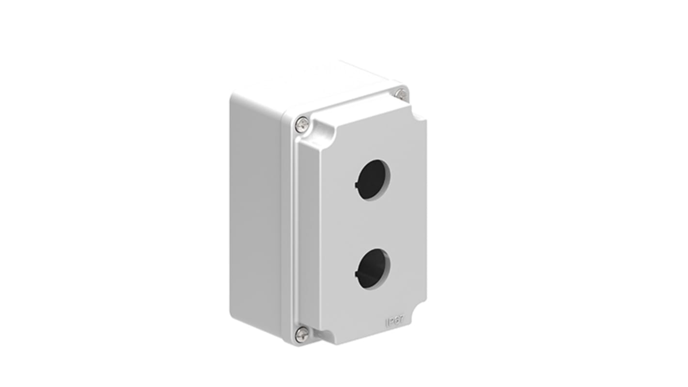 Stazione di controllo vuota Lovato LPZM2A8, grigia, in lega di alluminio, con 2 fori da 22.5mm, grado di protezione IP66/IP67.