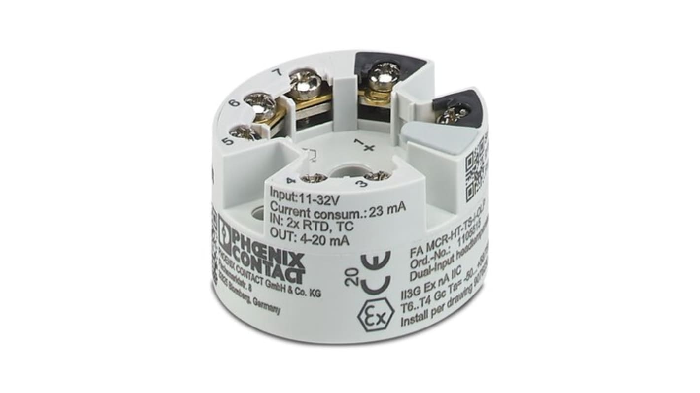 Trasduttore segnale Phoenix Contact 1105515, montaggio su testa, trasmette segnali da RTD e TC, uscita 4-20 mA, grado di protezione IP00.