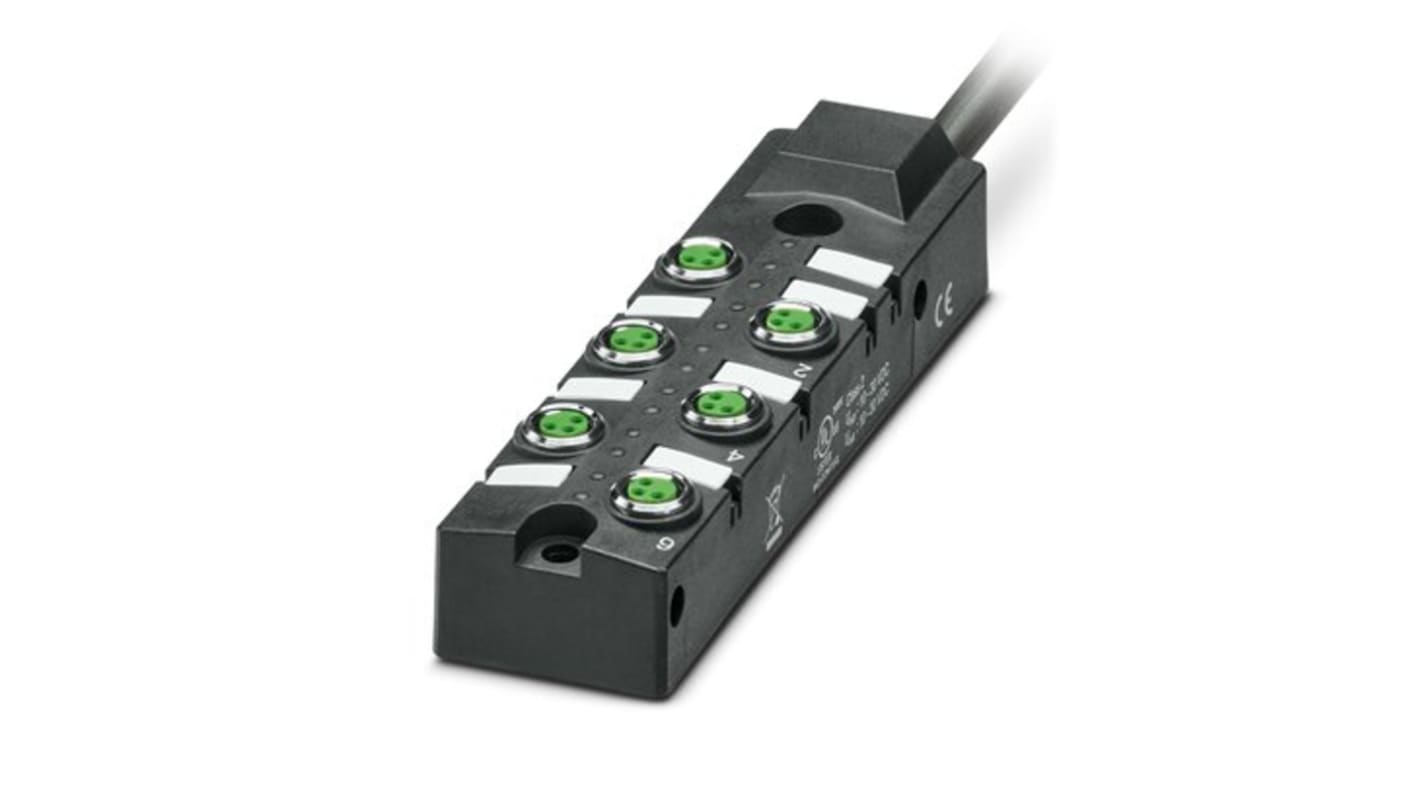 Scatola sensore Phoenix Contact 1197216 con 6 porte M8, tensione 24 V c.c., corrente totale 6 A, grado di protezione elevato.