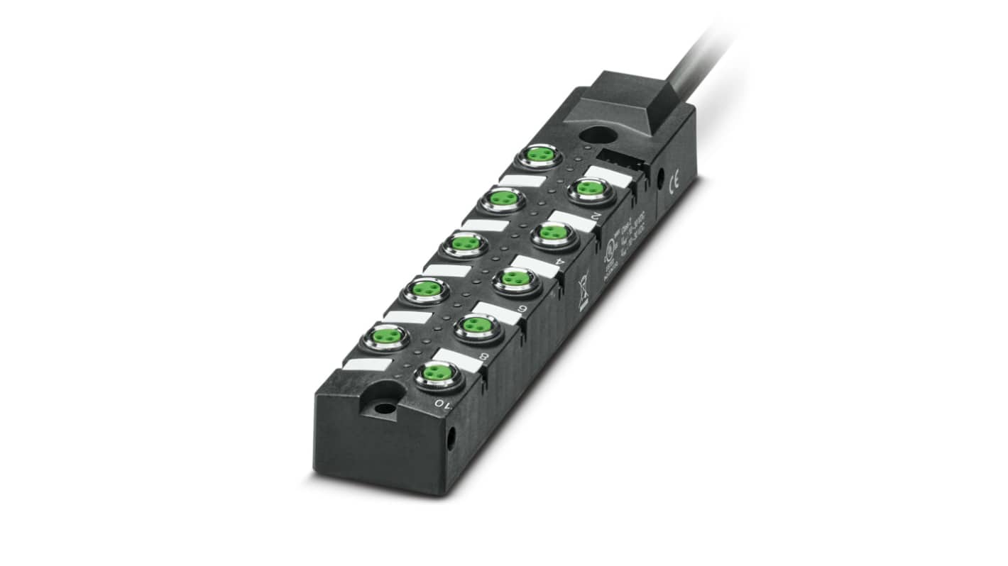Scatola sensore Phoenix Contact 1197325, 10 porte M8 femmina, cavo 5 m, 24 V c.c., 6 A, grado di protezione elevato.