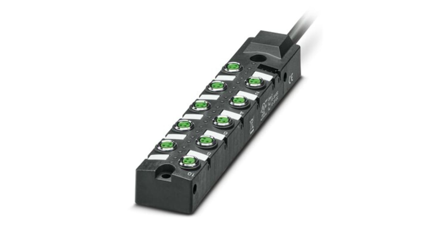 Scatola sensore Phoenix Contact 1197328, 10 porte M8, tensione 24 V c.c., corrente 6 A, cavo 10 m, grado di protezione elevato.