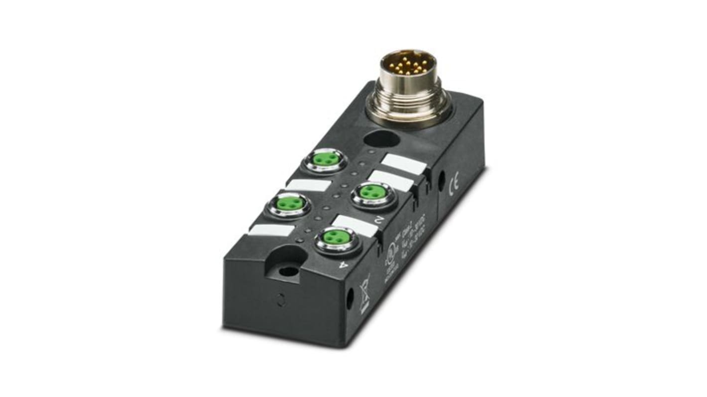 Scatola sensore Phoenix Contact 1197406, 4 porte M8, 24 V c.c., corrente 6 A, contenitore protetto, diagnostica semplice.