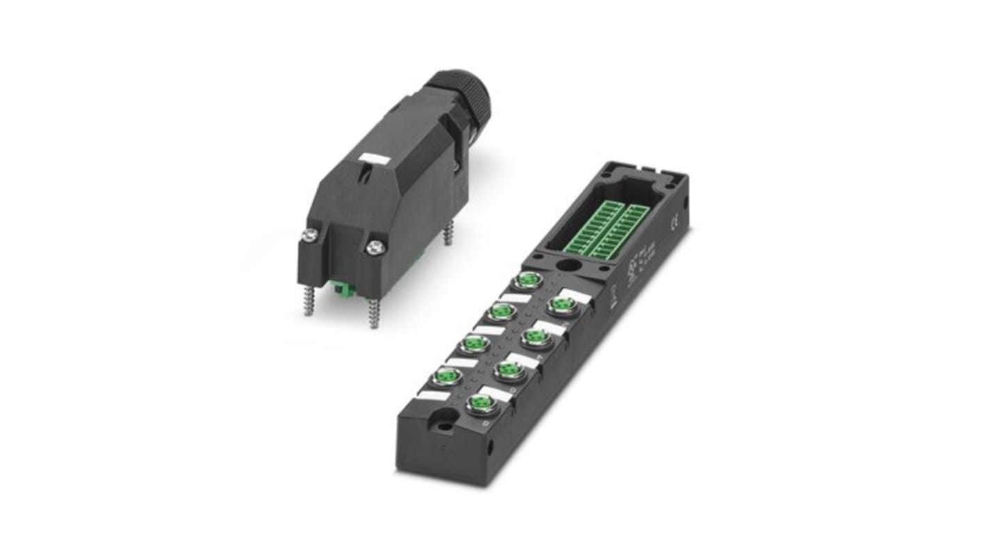 Phoenix Contact 1197617, scatola sensore 8 porte M8, tensione 24 V c.c., corrente 8 A, assemblaggio locale con calotta.