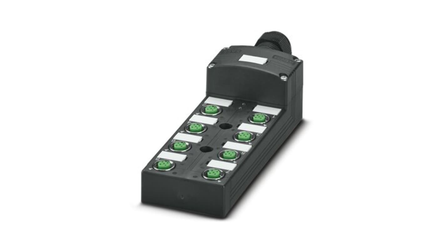 Phoenix Contact 1516894, scatola sensore 8 porte M12, installazione rapida SPEEDCON, tensione 120 V, corrente 10 A.