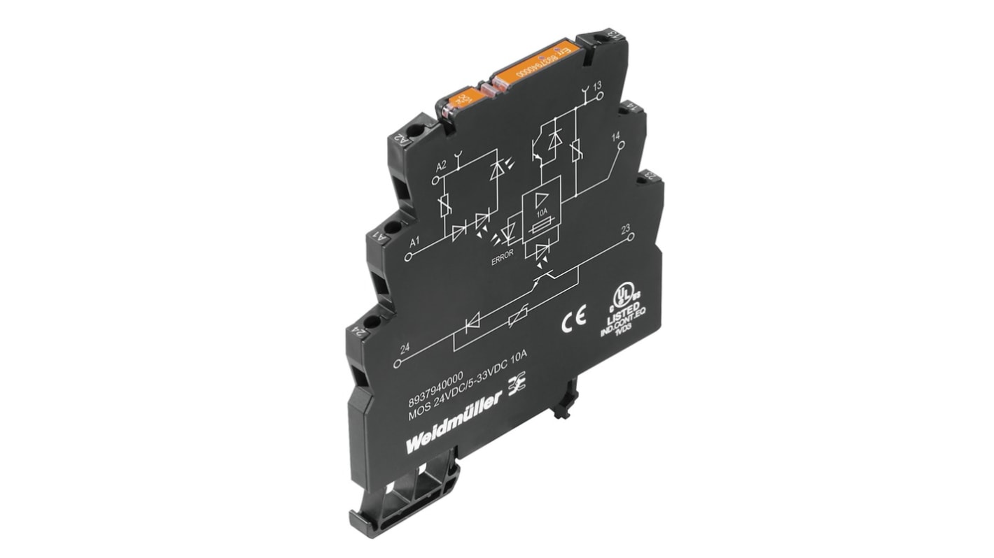 Relè a stato solido Weidmüller 8937940000 SPST, montaggio su guida DIN, per carichi fino a 10A a 24V DC. Ideale per disaccoppiamento TTL a 5V, con uscita MOSFET.