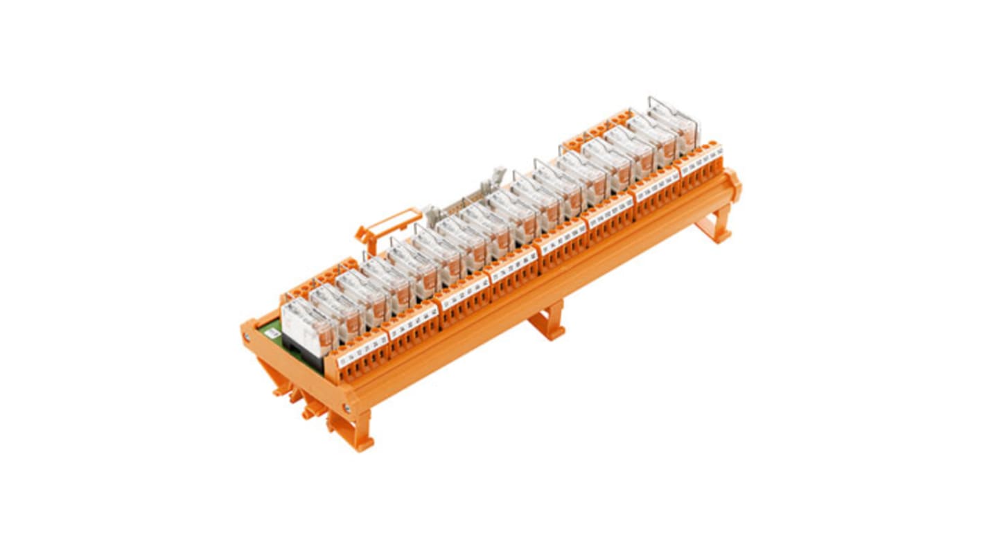Modulo interfaccia relè Weidmüller 9444610000, 24V cc, contatti SPDT, montaggio su guida DIN, corrente 5A, LED di stato.
