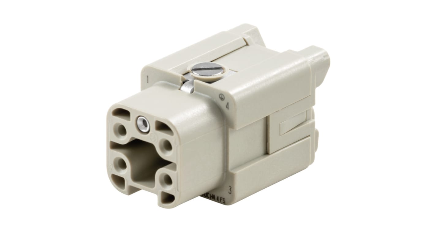 Inserto connettore femmina Weidmüller serie HA 16A 4 vie (cod. 1498400000) per ambienti con spazio limitato. Collegamento a vite con protezione fili.