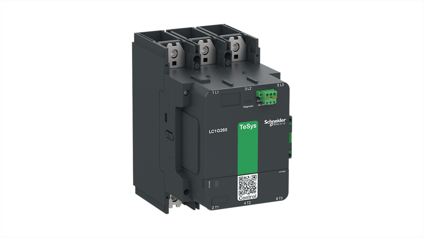 Contattore Schneider Electric LC1G265KUEN per controllo motori, 3 poli, 385 A, tensione bobina 100-250 V, grado di protezione IP2X.