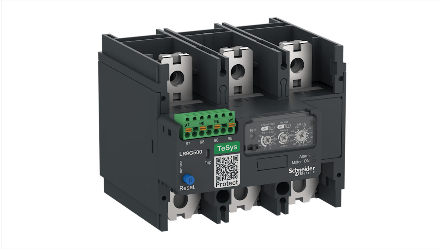 Relè di sovraccarico termico Schneider Electric LR9G500, montaggio diretto su contattori, carico FLC 125-500 A, 1 NA + 1 NC.