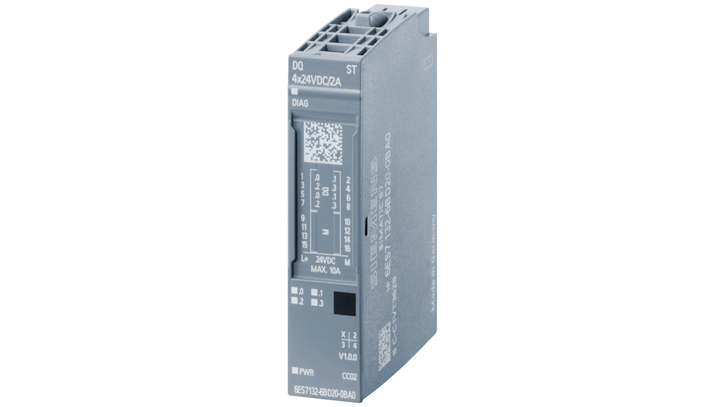Modulo di uscita digitale Siemens 6ES71326BD202BA0, 4 uscite, 2 A, 24 V, compatibile con STEP 7 TIA Portal. Dimensioni 15 x 73 x 58 mm.