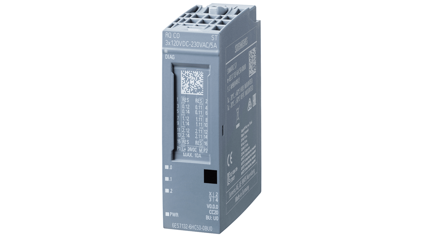 Modulo di uscita digitale Siemens 6ES71326HC500BU0 per sistema I/O SIMATIC, 3 uscite, dimensioni 15 x 73 x 58 mm.