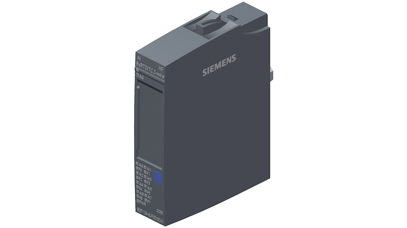 Modulo di ingresso analogico Siemens 6ES71346JF002CA1 per sistema I/O SIMATIC, 8 ingressi, dimensioni 15 x 73 x 58 mm.