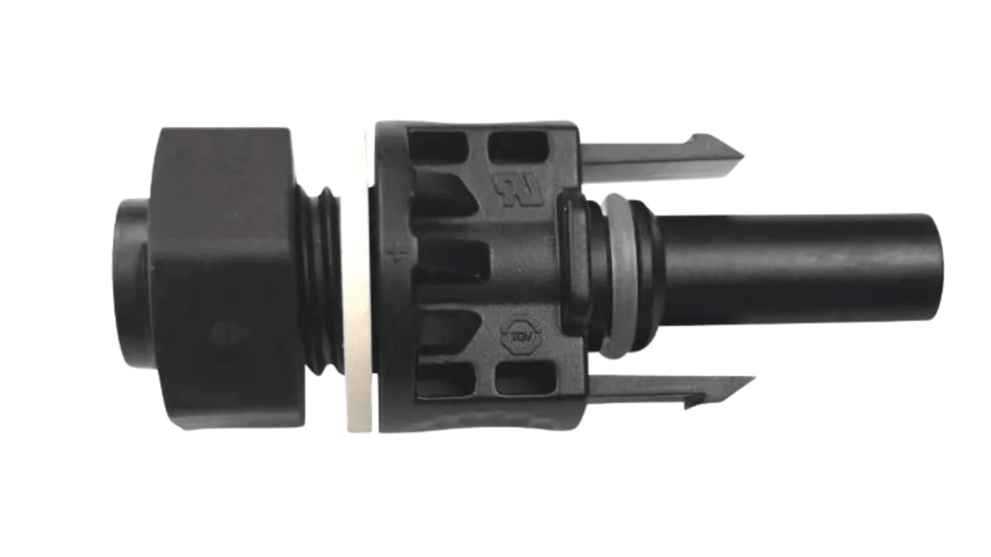 Connettore solare femmina Amphenol Industrial H4SFM2DMS per montaggio a pannello, con bloccaggio a scatto e resistenza ai raggi UV.