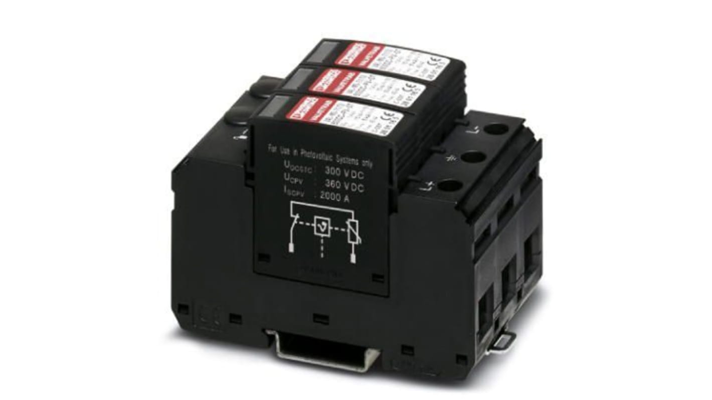 Scaricatore di sovratensione tre fasi Phoenix Contact 2801163, montaggio su guida DIN, max 40kA, 2,6kV, con monitoraggio temperatura.