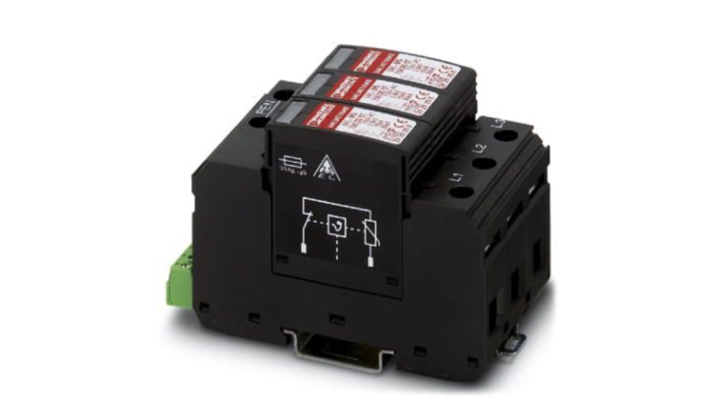 Scaricatore di sovratensione tre fasi Phoenix Contact 2920272, montaggio su guida DIN, max 30kA, tensione di protezione 2,9kV.