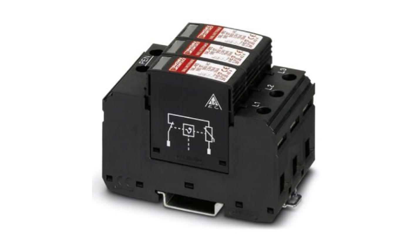 Scaricatore di sovratensione Phoenix Contact 2920450, tre fasi, montaggio su guida DIN, protezione 2,5kV, max 30kA.