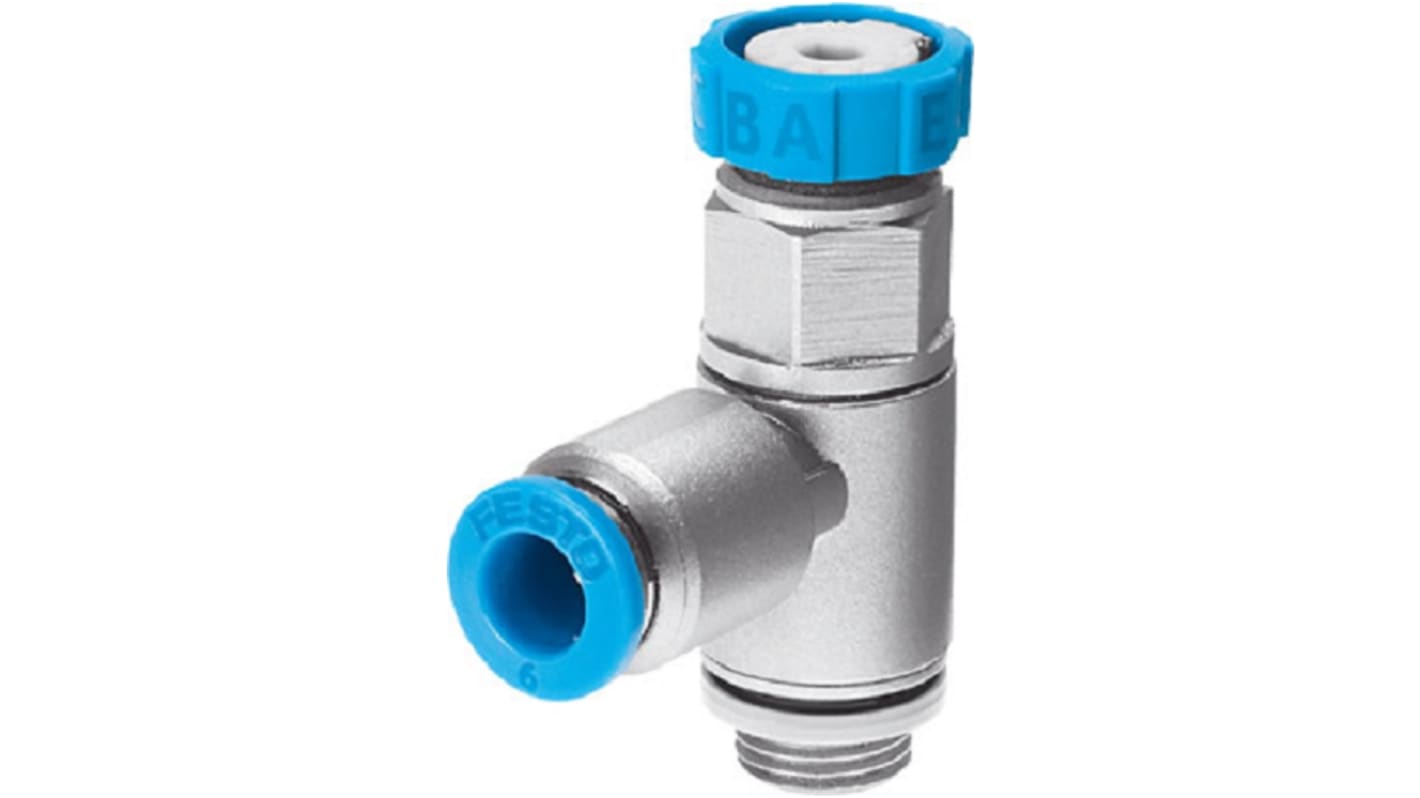 Valvola pneumatica Festo GRLSA-1/8-QS-6, controllo manuale, filettatura G 1/8, pressione max 8 bar, montaggio filettato.