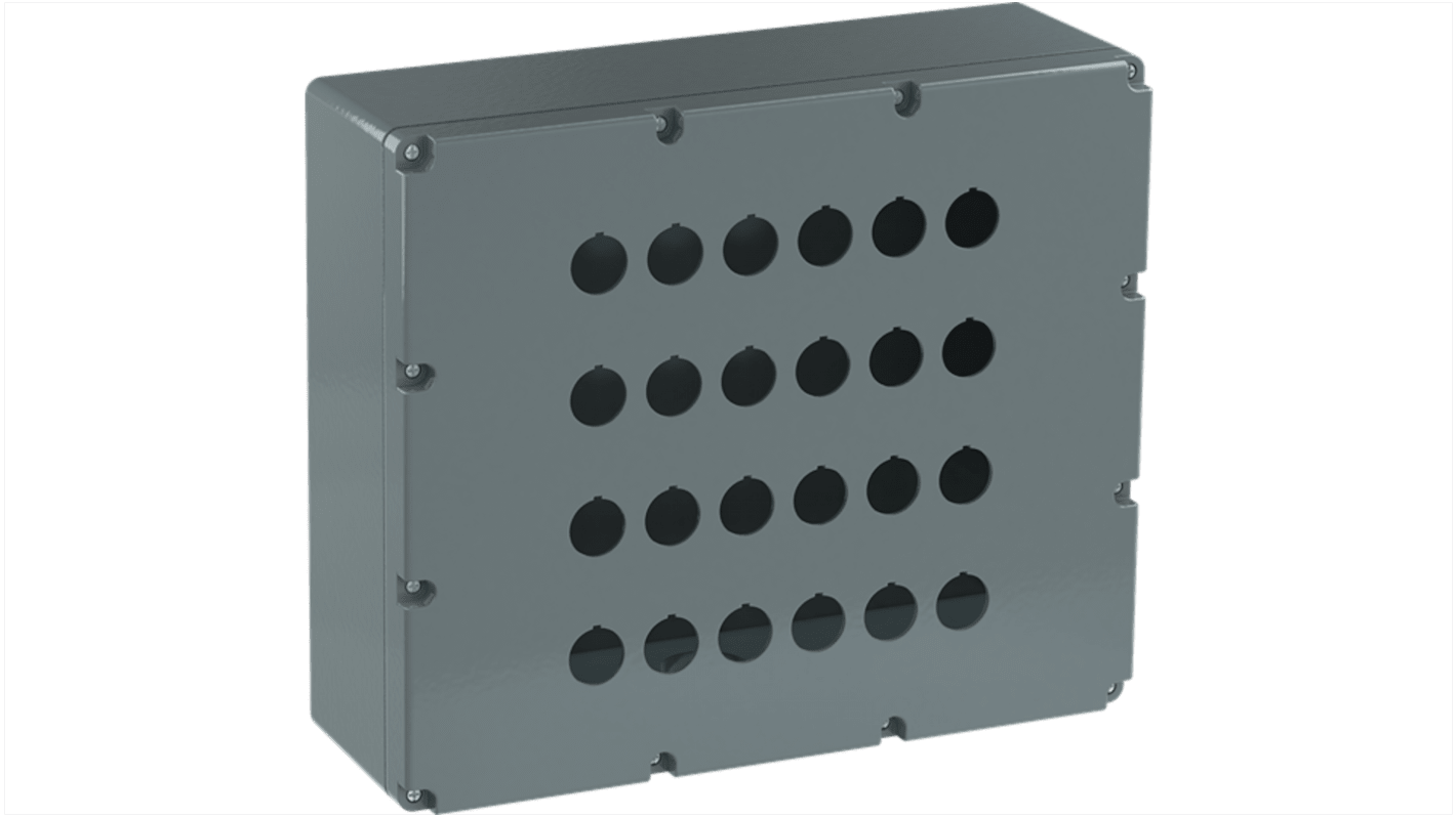 Scatola per pulsante ABB 1SFA170810R1024, 24 fori, in alluminio grigio, dimensioni 257 x 300 x 101,5 mm, grado di protezione IP66.