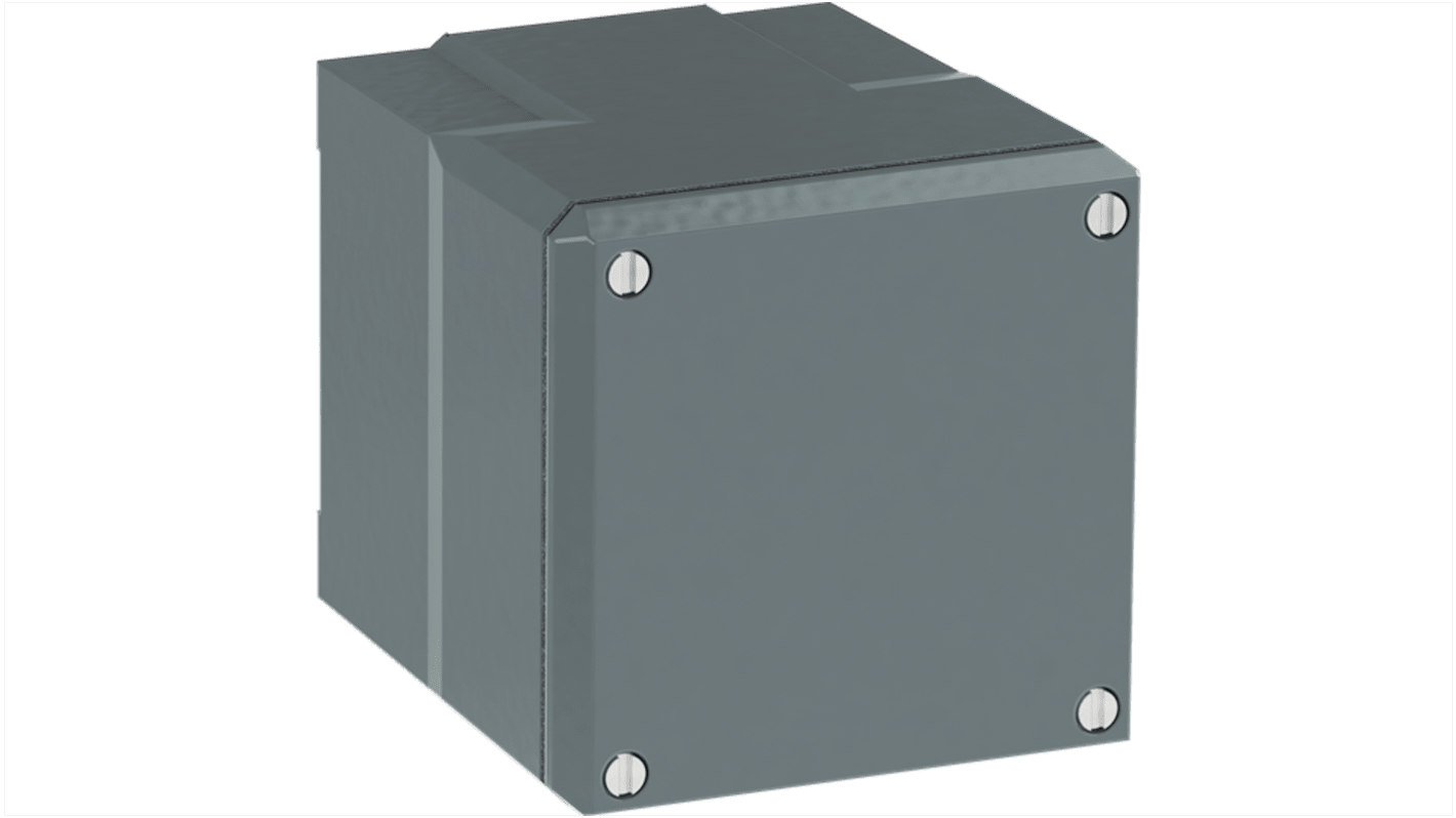 Scatola per pulsante ABB in alluminio grigio, dimensioni 87 x 87 x 100 mm, grado di protezione IP66, senza foro per pressacavo.