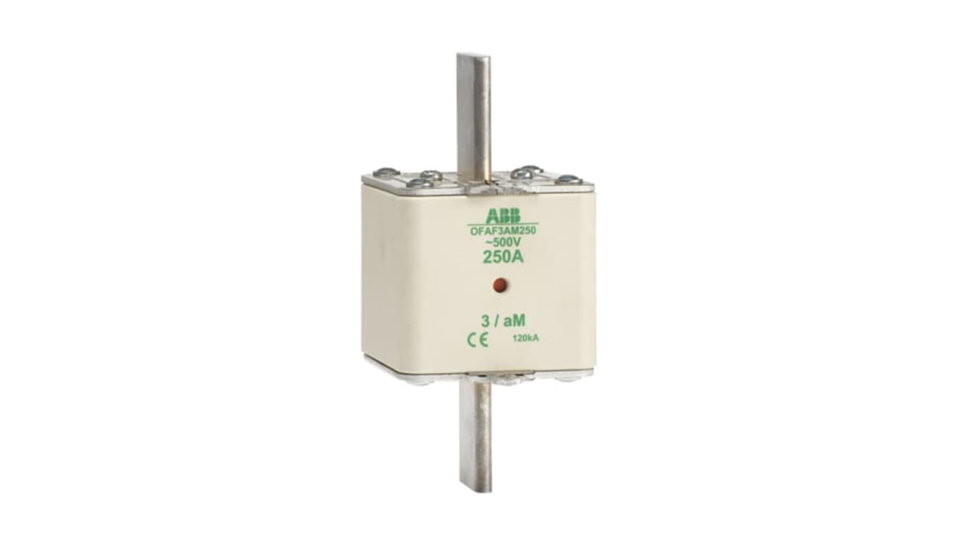 Fusibile linguette ABB 250A, tipo NH3, dimensioni 150 x 51 x 84mm, per protezione in ambienti industriali.