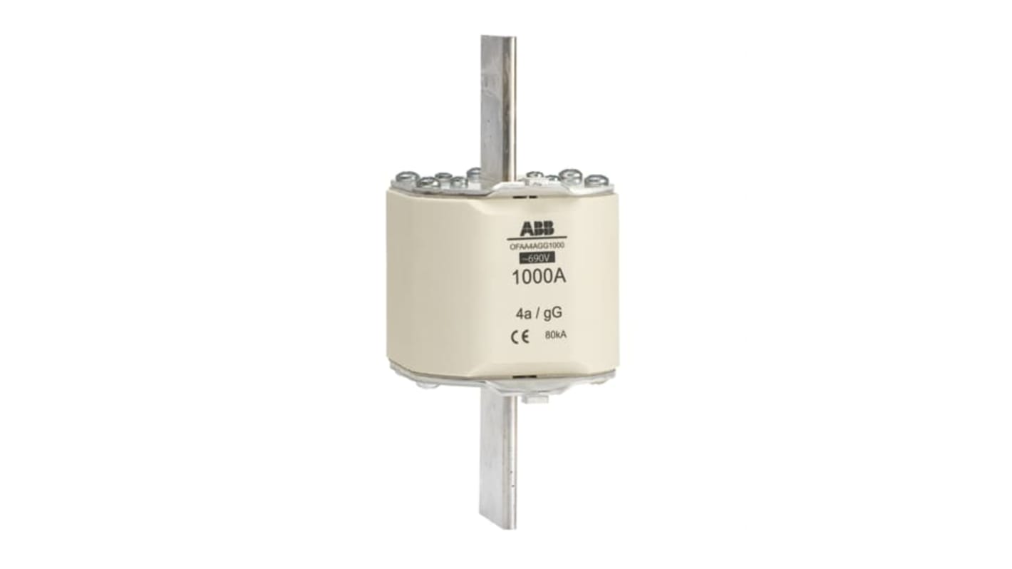 Fusibile linguette ABB gG HRC, corrente nominale 1kA, dimensioni 200 x 89 x 119 mm, tensione 690V, per protezione da sovracorrente.