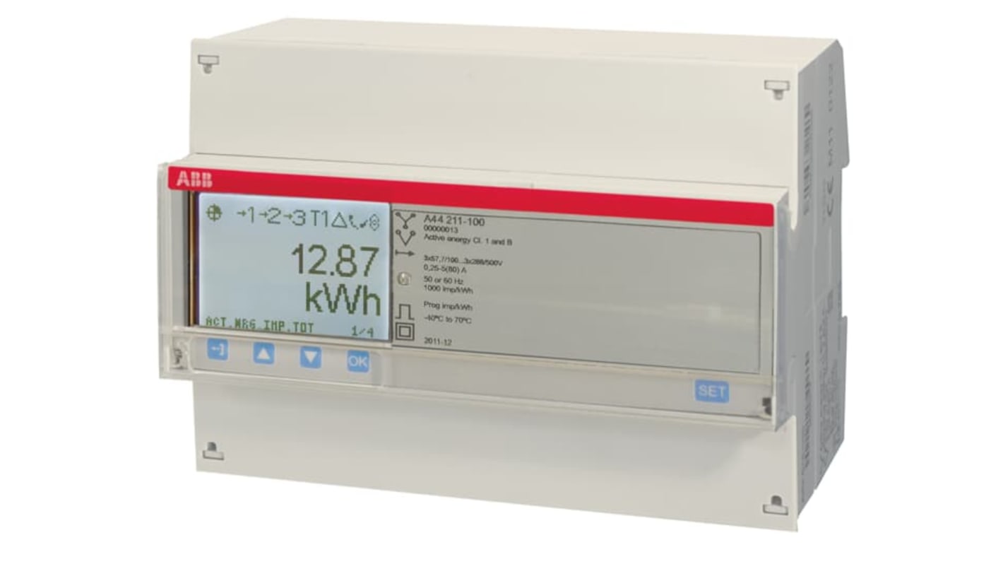 Contatore di energia ABB 2CMA100013R1000, A44, 3 fasi, LCD 7 cifre, montaggio su guida DIN, protezione IP20.