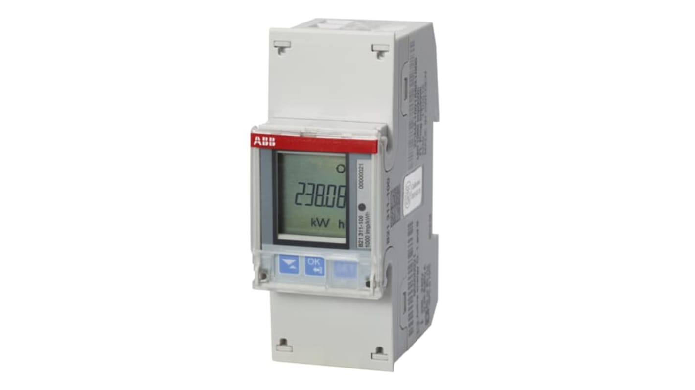 Contatore di energia monofase ABB B21, codice 2CMA100154R1000, con display LCD, montaggio su guida DIN e misurazione digitale.