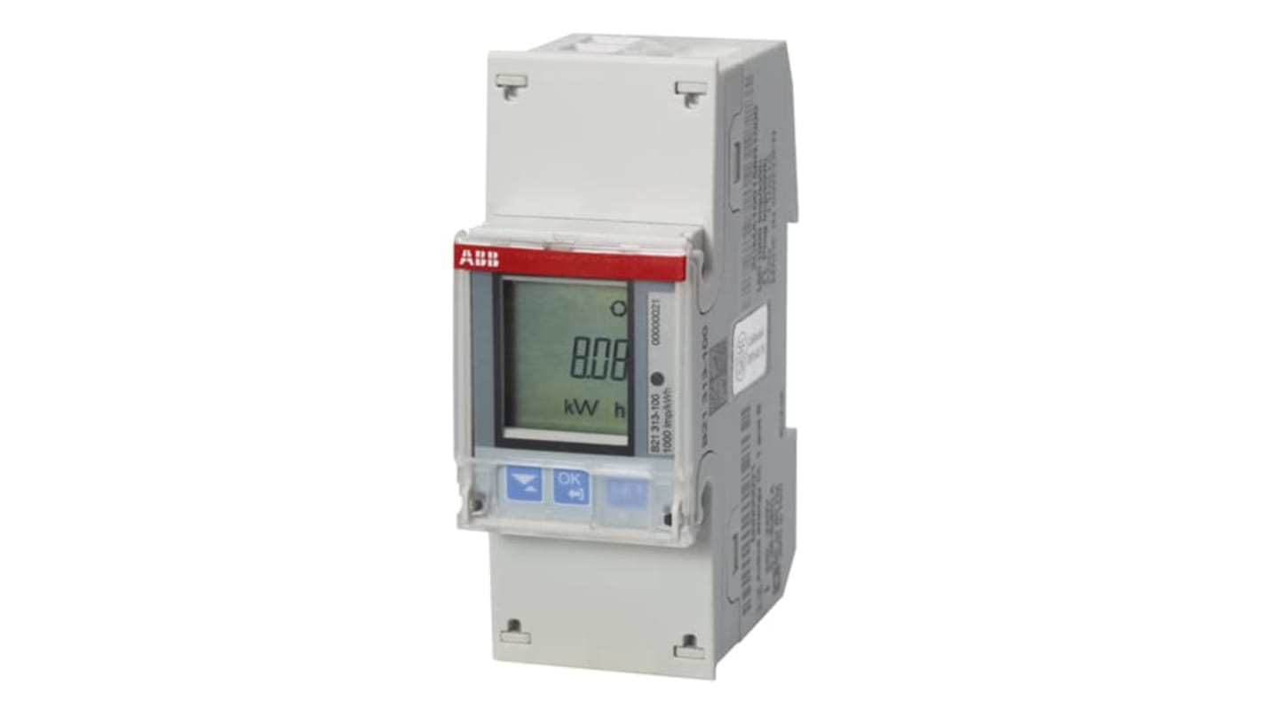 Contatore di energia monofase ABB B21, codice 2CMA100156R1000, con display LCD, montaggio su guida DIN e comunicazione M-Bus.