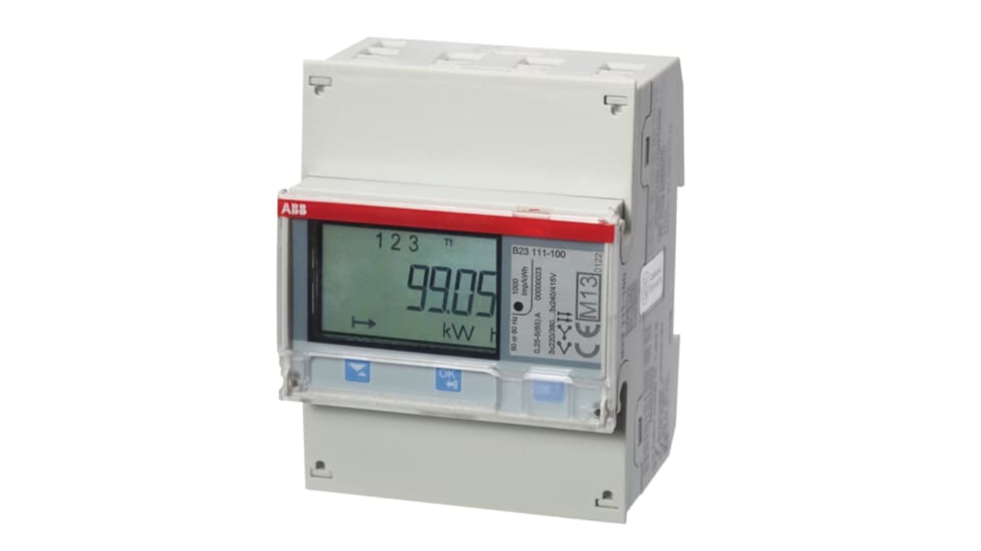 Contatore di energia trifase ABB 2CMA100163R1000, LCD retroilluminato, montaggio su guida DIN, protezione IP20.