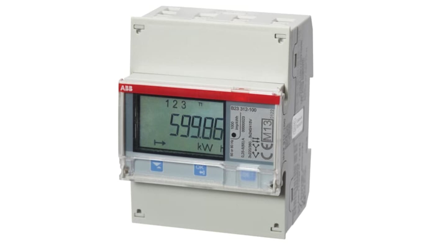 Contatore di energia trifase ABB 2CMA100169R1000, LCD 7 cifre, montaggio DIN, comunicazione RS-485, protezione IP20.