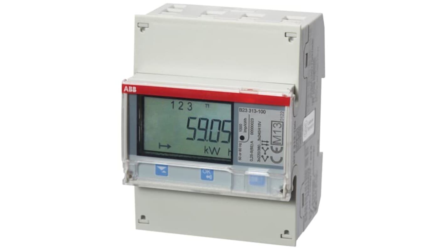 Contatore di energia trifase ABB 2CMA100170R1000 con display LCD, montaggio su guida DIN e protezione IP20.