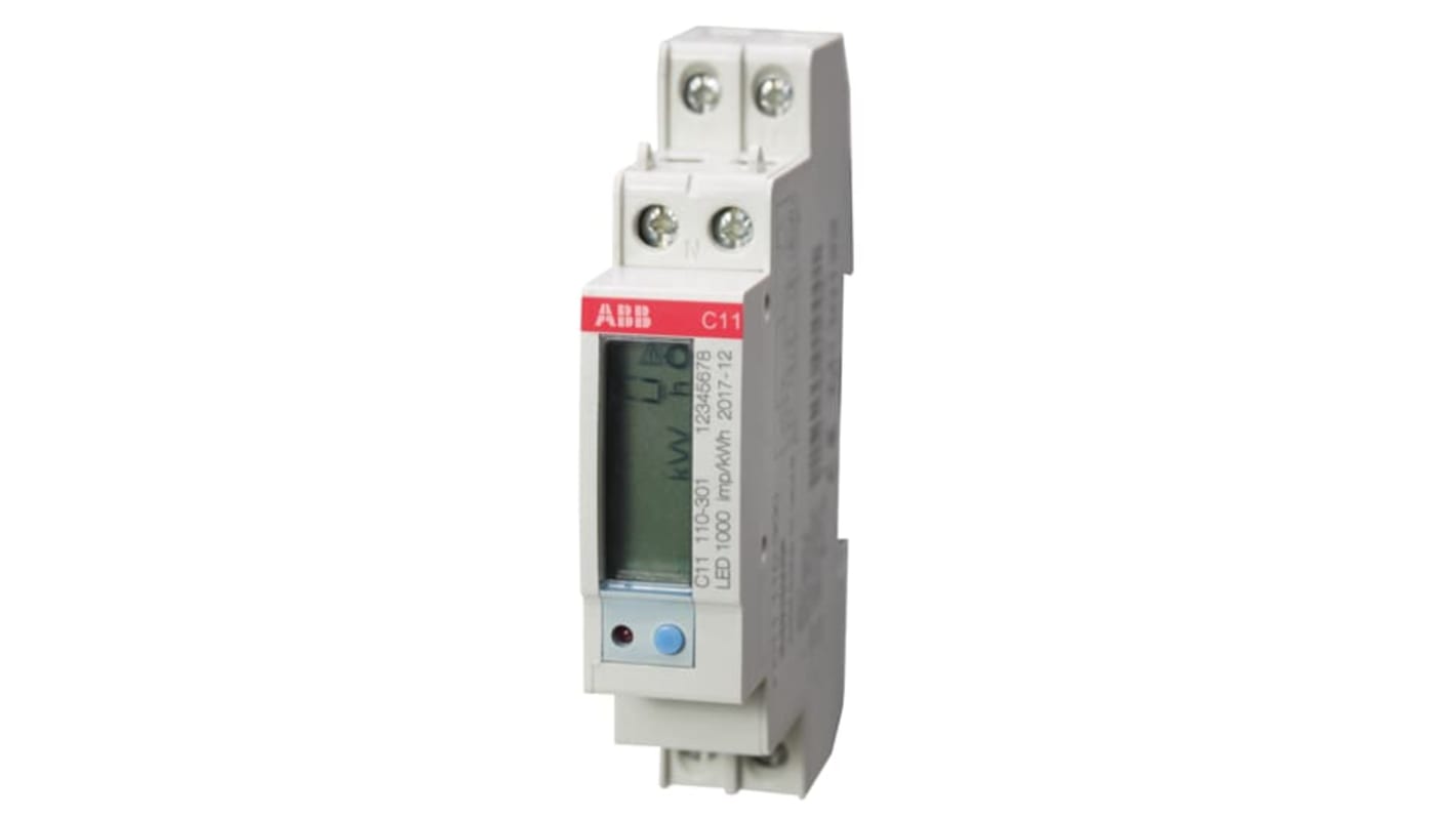 Contatore di energia monofase ABB 2CMA103572R1000, display LCD, 1000 impulsi/kWh, protezione IP20, collegamento diretto.