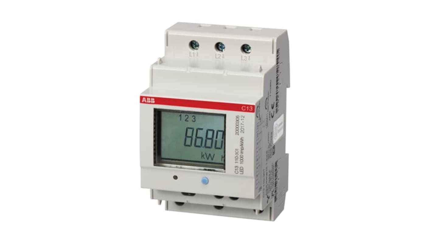 Contatore di energia trifase ABB 2CMA103575R1000 con display LCD, connessione diretta e protezione IP20.