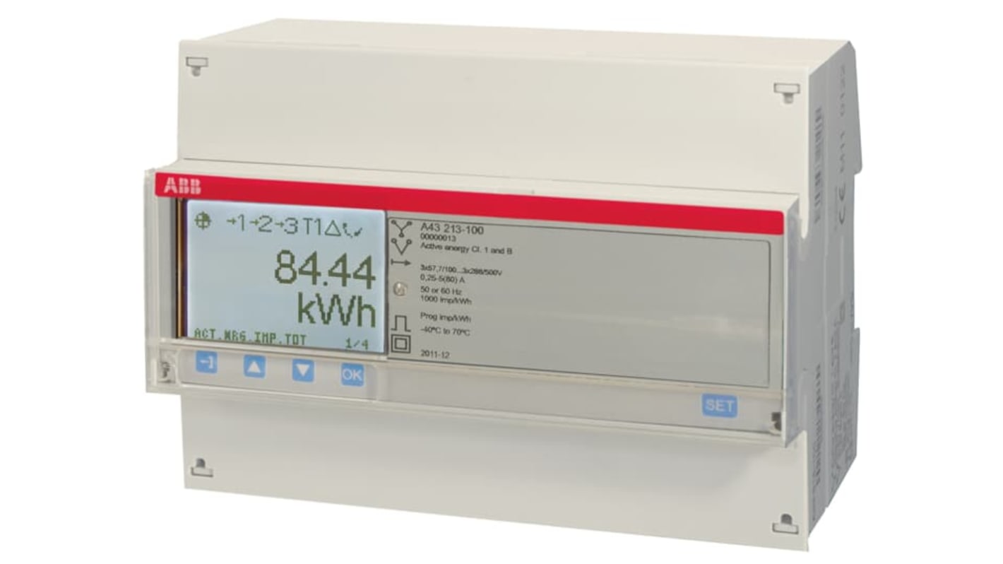 Contatore di energia trifase ABB 2CMA170523R1000 con display LCD, montaggio su guida DIN, comunicazione M-Bus e protezione IP20.