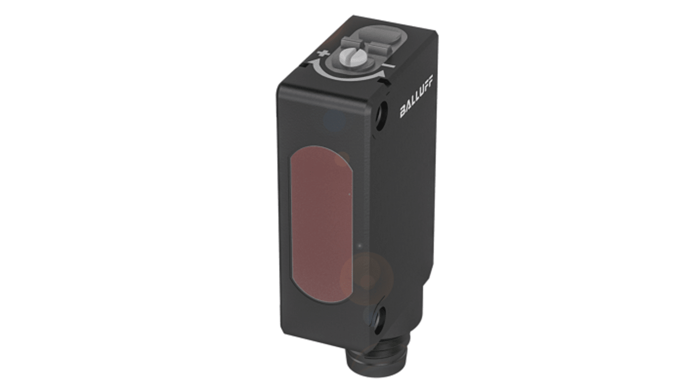 Sensore fotoelettrico BALLUFF BOS02A3 a fascio passante, rilevamento fino a 5 m, dimensioni 10,7 x 43,5 x 19,5 mm, uscita PNP.