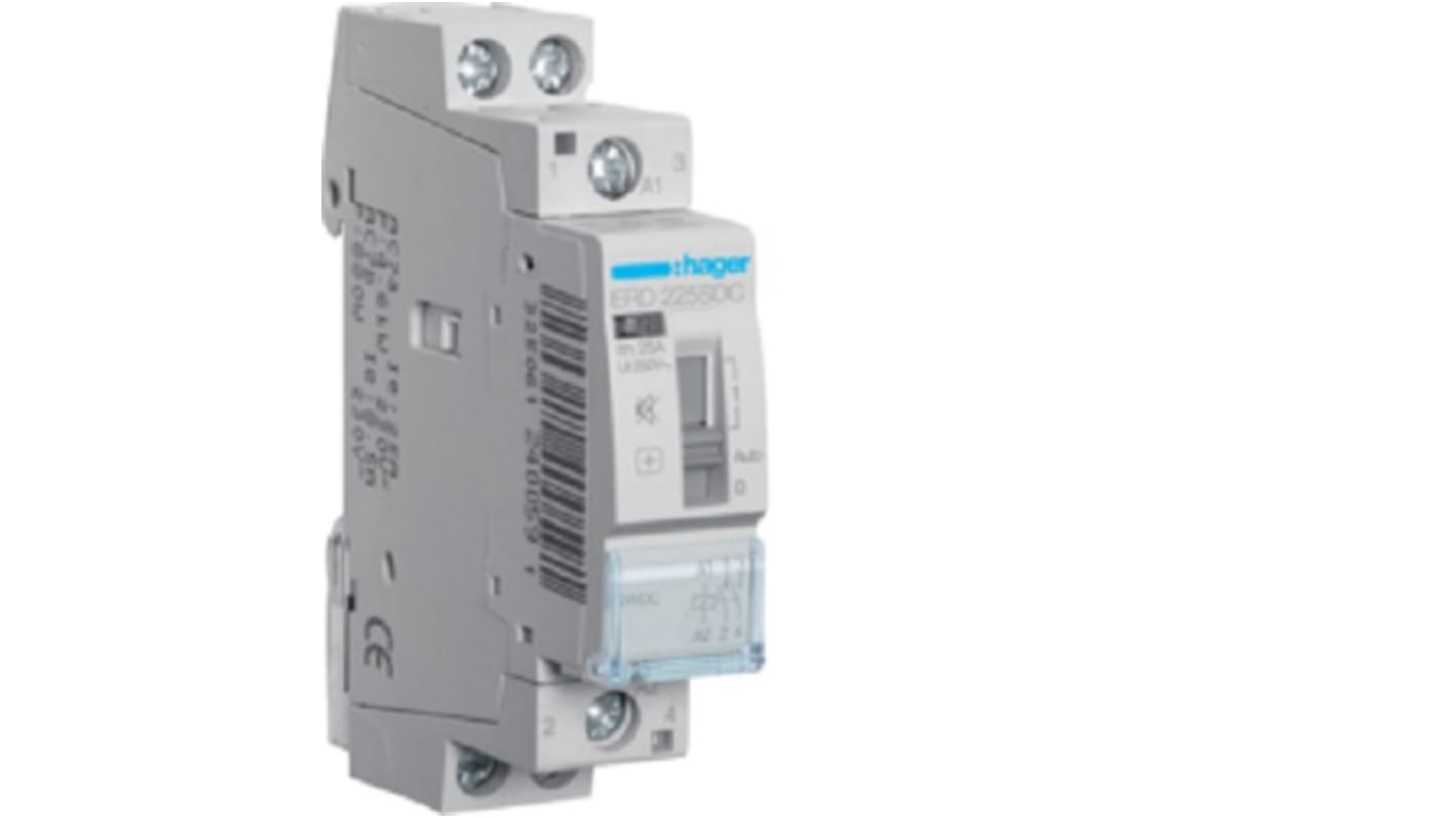 Contattore Hager ERD225SDC, 2 poli, 25 A, 4,6 kW, 24 V, montaggio a vite, grado di protezione IP2X.