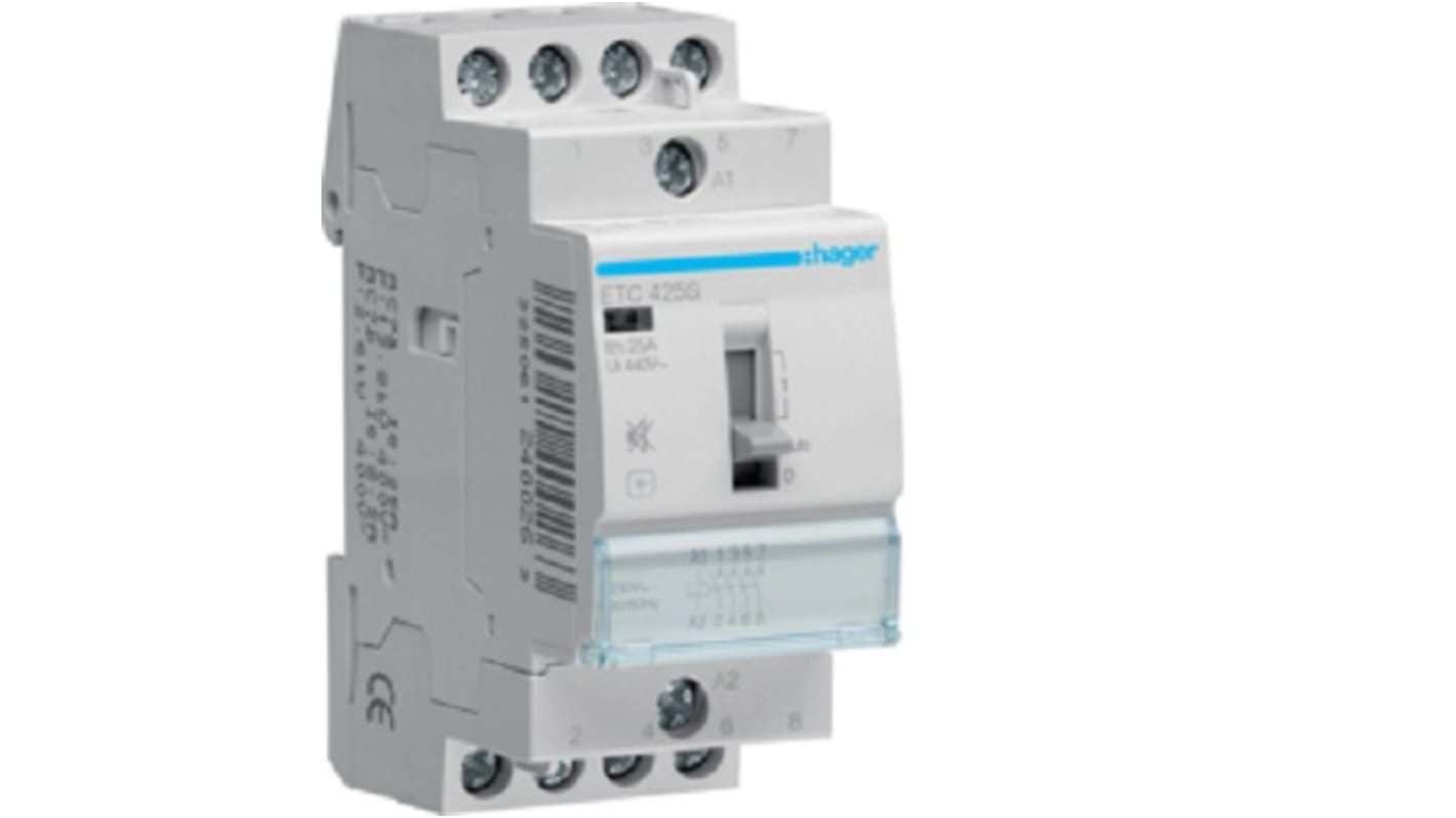 Contattore Hager ETC425S, 4 poli, 25 A, 230 V, per controllo carico, dimensioni 64x83 mm, IP2X.