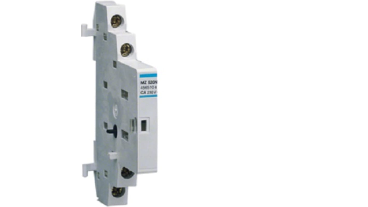 Contatto ausiliario Hager MZ520N, 1NA+1NC, montaggio laterale, dimensioni 68x9 mm, tensione 220 V, IP20.