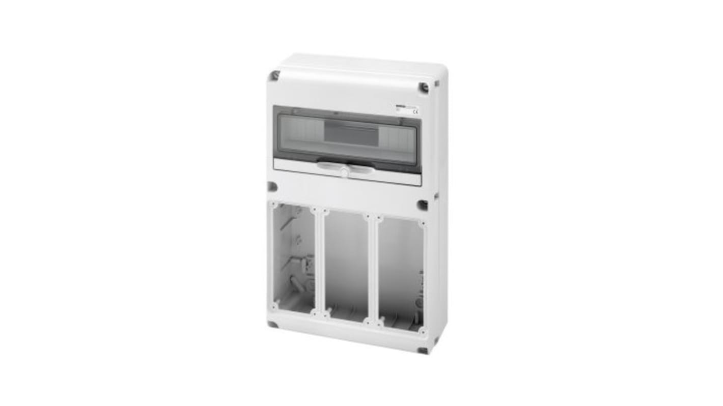 Scheda di distribuzione Gewiss GW68010N 1+N fasi, 16 vie, 16-32A. Resistente ai raggi UV, con bloccaggio e porta trasparente. Ideale per uso industriale e commerciale.
