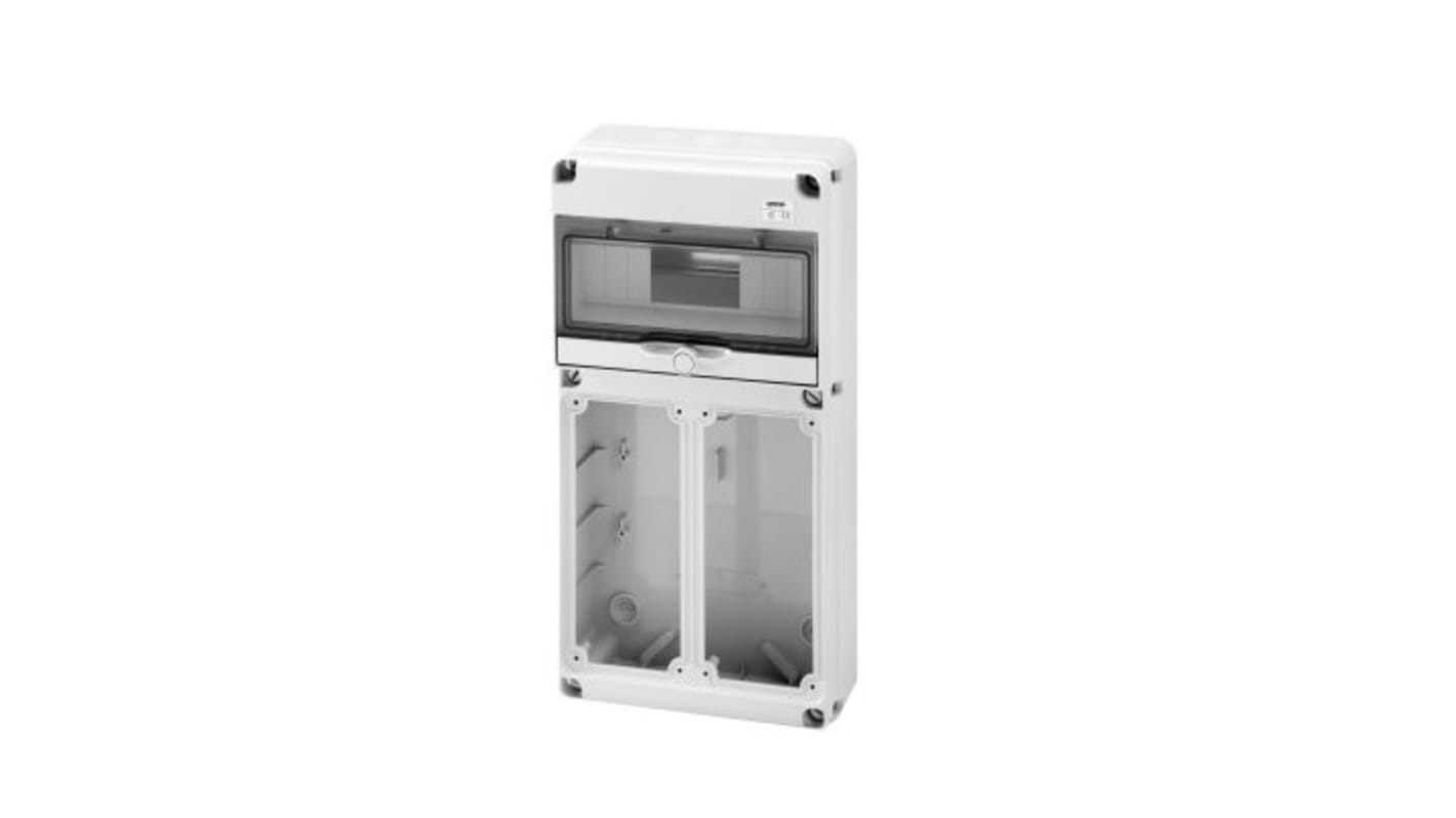 Scheda di distribuzione 1+N fasi Gewiss GW68025N: 16 vie, 16-32 A. Bloccaggio sicuro, porta trasparente, resistente ai raggi UV. Ideale per settori industriale e commerciale.