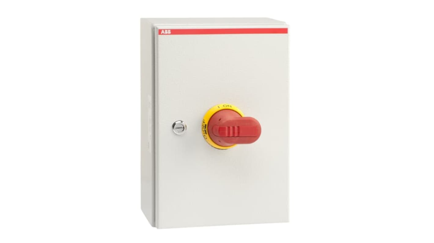 Sezionatore ABB 1SCA022562R9080 con interruttore 3 poli, corrente massima 100A, montaggio a vite, grado di protezione IP65.