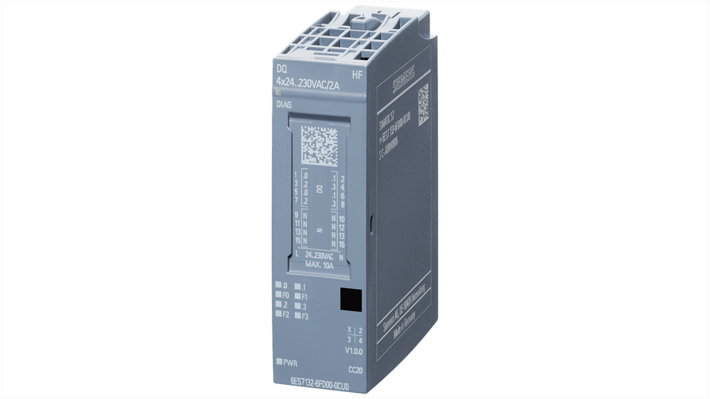 Modulo di uscita digitale Siemens 6AG21326FD004CU0, 4x24 V c.a., diagnostica canale, dimensioni 73 x 20 x 58 mm.