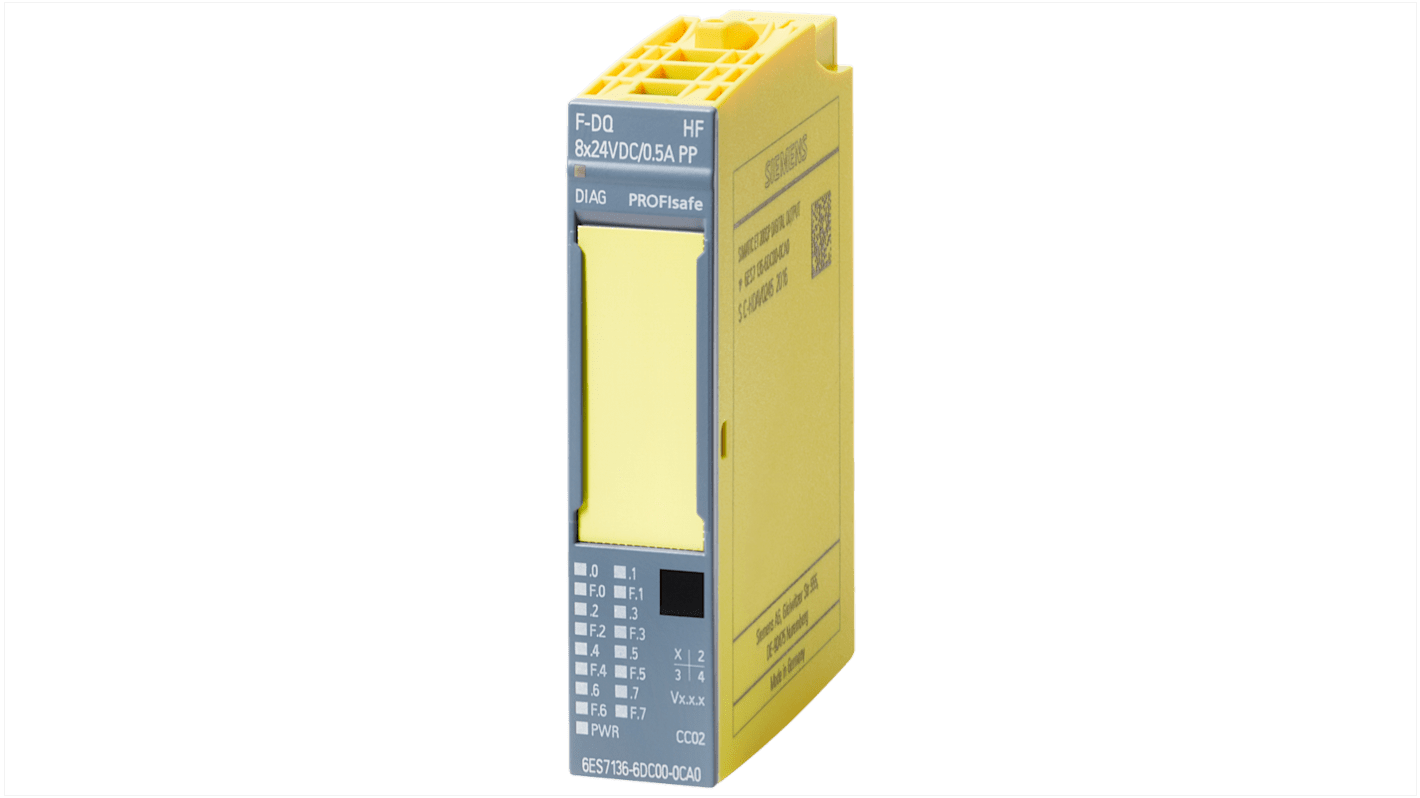 Modulo di uscita digitale Siemens 6AG21366DC001CA0, 8 porte, 24 V c.c., compatibile con ET 200SP, dimensioni 73 x 15 x 58 mm.