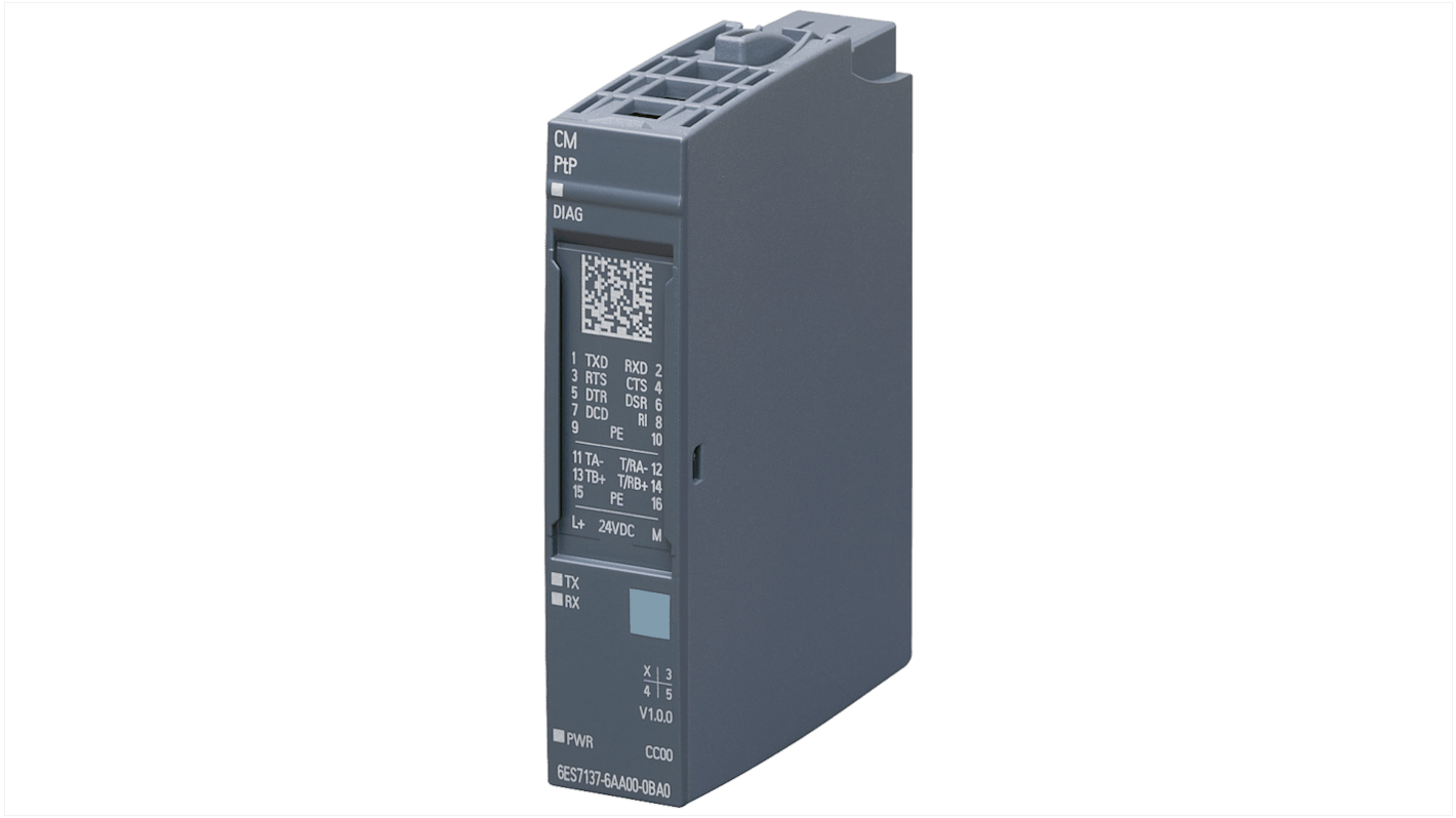 Modulo di comunicazione Siemens 6AG21376AA014BA0 per ET 200SP, 24 V, RS-422/RS-485/RS232, dimensioni 73 x 15 x 58 mm.