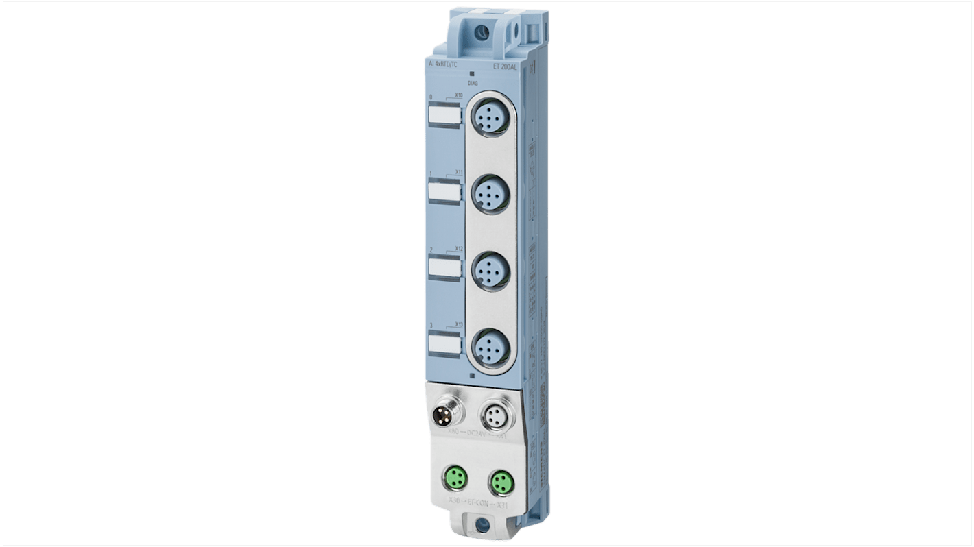 Modulo di ingresso analogico Siemens 6ES71445KD500BA0, 4 ingressi RTD/TC, IP67, dimensioni 159 x 30 x 40 mm.