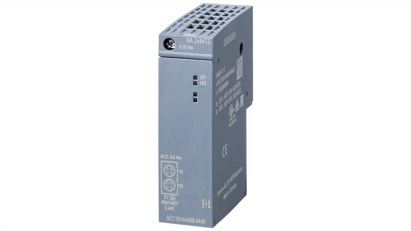 Siemens 6ES71936AM000AA0, adattatore bus per SIMATIC ET 200SP, con 1 interfaccia PROFINET e 2 porte M12 femmina, dimensioni 73,5 x 20 x 59 mm.