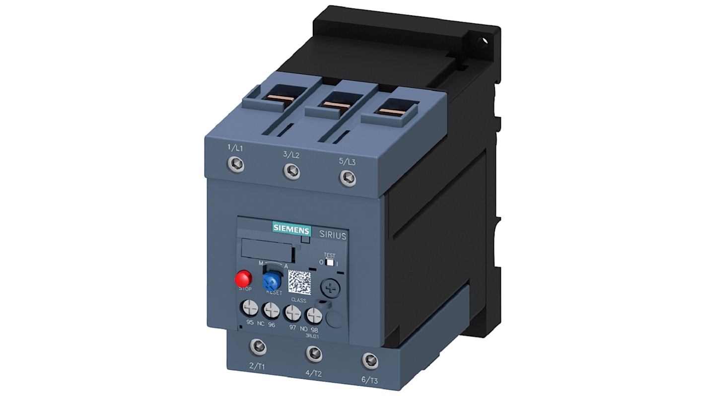 Relè contattore Siemens 3RU21464KD0, 1NC/1NO, carico FLC 75 A, montaggio a vite, potenza nominale 55 kW.